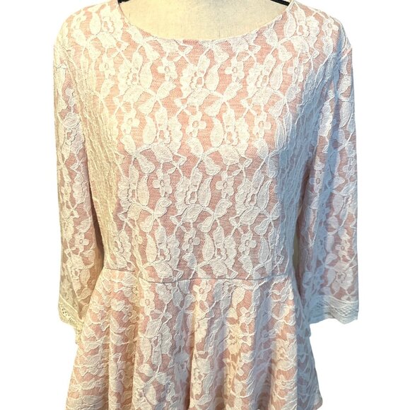 Dainty Jewells Lace Top Peplum White Pink 3/4 Sleeves & Back Zipper Closure XXL - Picture 1 of 6